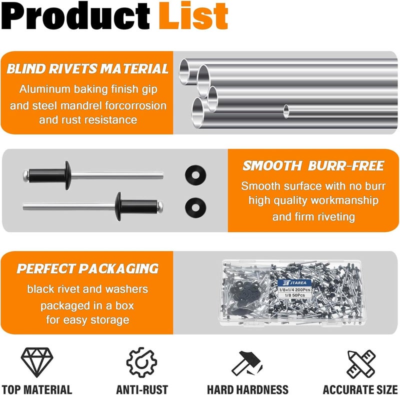 JTAREA 250pcs 1/8" x 1/4" Black Aluminum Pop Rivets with Stainless Steel Washers 3.2 x 6.4mm Blind Rivet Assortment Kit - Image 3